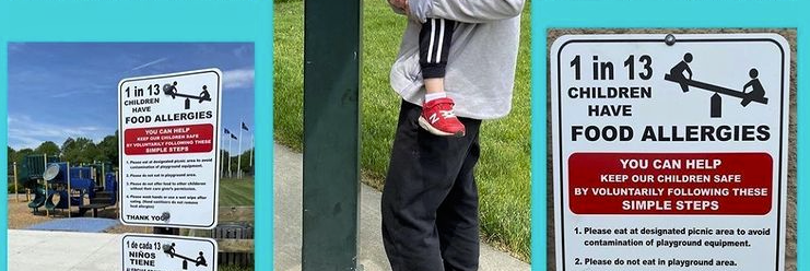 two-signs-at-park-in-massachusetts-with-food-allergy-warning-mom-holds-child-with-red-sneakers