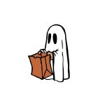 Illustration of a Halloween ghost holding out a trick or treat bag.Canva creation by Allergy Force.