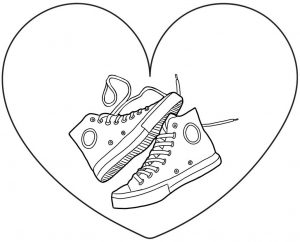 Black and white illustration of high top sneakers enclosed by the outline of a heart. Canva creation by Allergy Force.