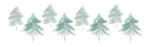 Water color-style illustration of eight green pine trees all in a row. Allergy Force Canva creation.