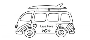 Illustration of VW Van painted with peace signe and rainbows. Carries a surfboard. Van says Live Free. Canva creation by Allergy Force.