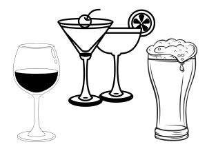 Illustration of alcoholic drinks: wine and two cocktails and beer. Allergy Force on Canva.