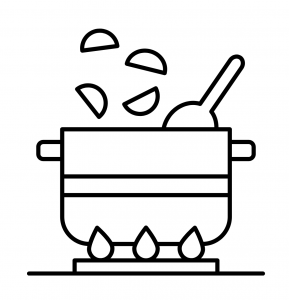 Illustration of pot with spoon cooking on stovetop while ingredients are being added. Allergy Force on Canva.