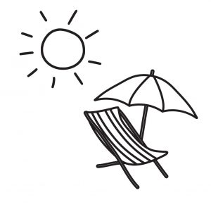 Illustration of sun + beach umbrella + beach chair. Canva Creation by Allergy Force.