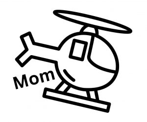 Simple outline of a helicopter in flight with word 'mom' next to it. Allergy Force Canva Creation