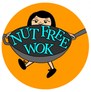 Logo for Nut Free Wok Social Media Pages. Tiny Asian girl holds giant wok with words Nut Free Wok in teal inside the wok. Background is orange.