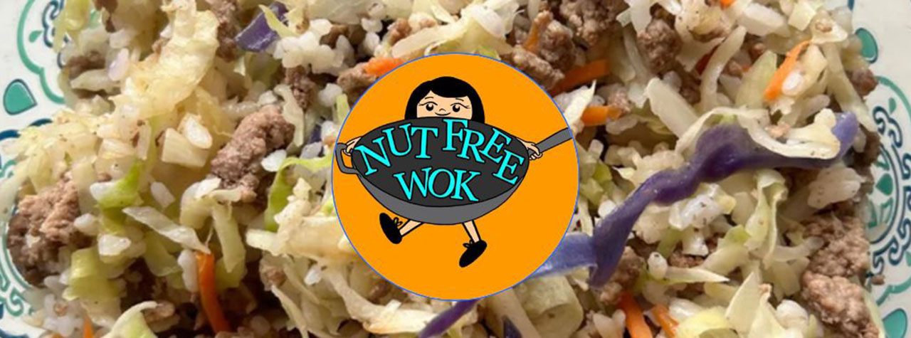 Allergy-friendly beef fried rice with cabbage and carrots. Recipe by Sharon Wong and the Nut Free Wok.