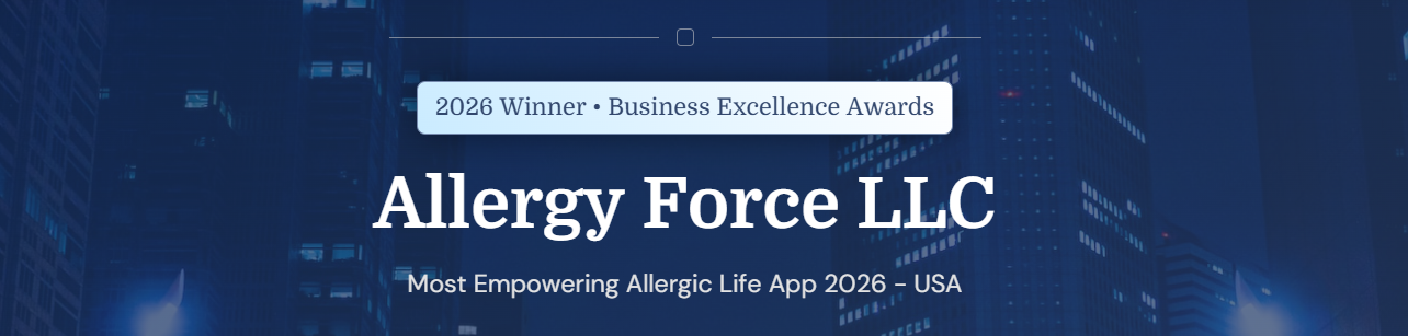 Banner: Acquisition International recognizes the Allergy Force food allergy app as the 'Most Empowering Allergic Life App 2026 - USA'.