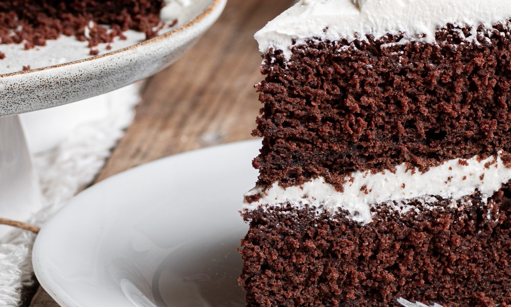 Gluten-free chocolate layer cake with vanilla frosting. Image from Jules Shepard and gfJules.