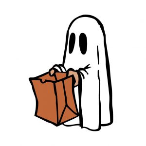Illustration of a child in a ghost costume holding a trick-or-treat bag open. Created by Allergy Force using Canva.